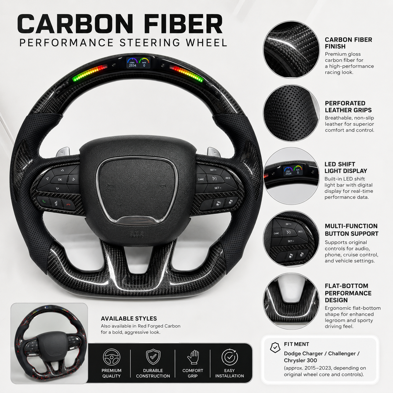 For Dodge Charger Challenger Hellcat Charger Durango SRT RT GT 2015-2023 Carbon Fiber Steering Wheel - CJ Mod Garage 38