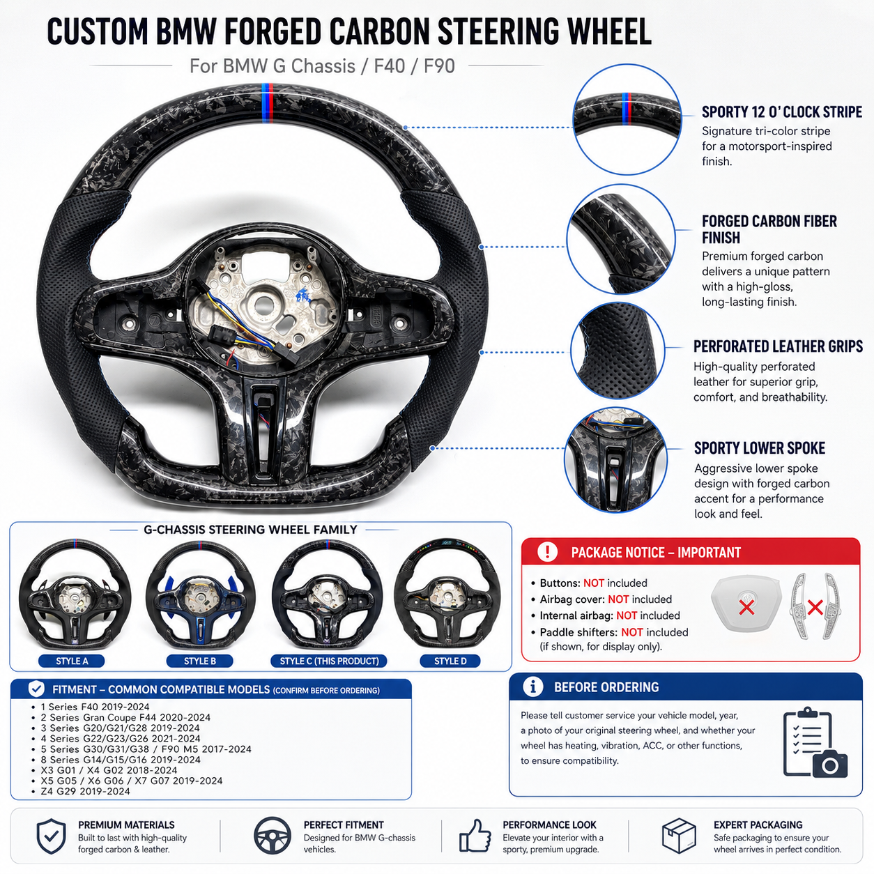 CJ Mod Garage BMW forged carbon fiber steering wheel product infographic for BMW G Chassis F40 and F90 featuring forged carbon finish, perforated leather grips, sporty lower spoke, flat-bottom racing design, M tricolor top stripe, compatibility with BMW G02 G05 G06 G09 G11 G12 G15 G20 G22 G28 G29 G30 G38 G80 G82 F40 F90, package notice and OEM fitment information