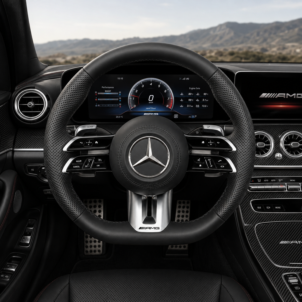 Mercedes W213 E-Class 2016-2023 black leather AMG steering wheel cockpit view with silver paddles by CJ Mod Garage