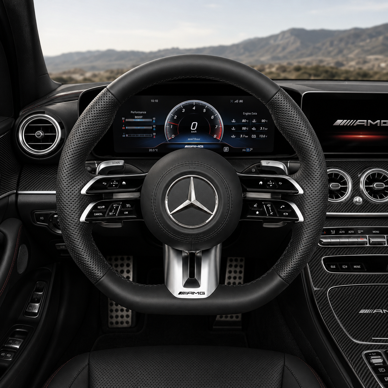 Mercedes W213 E-Class 2016-2023 black leather AMG steering wheel cockpit view with silver paddles by CJ Mod Garage