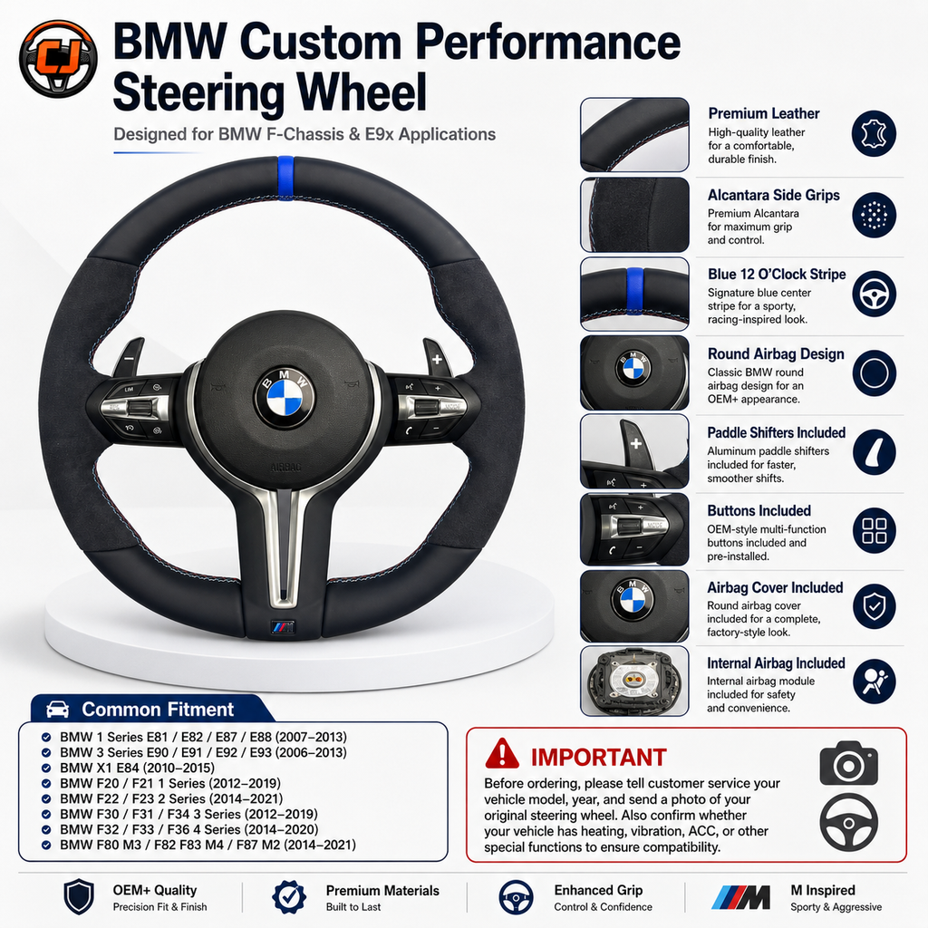 For BMW F10 F11 F15 F18 F20 F23 F25 F30 F32 F35 F40 F80 E84 E87 E90 E92 E93 2005-2019 Nappa Leather/Alcantara Steering Wheel - CJ Mod Garage 6