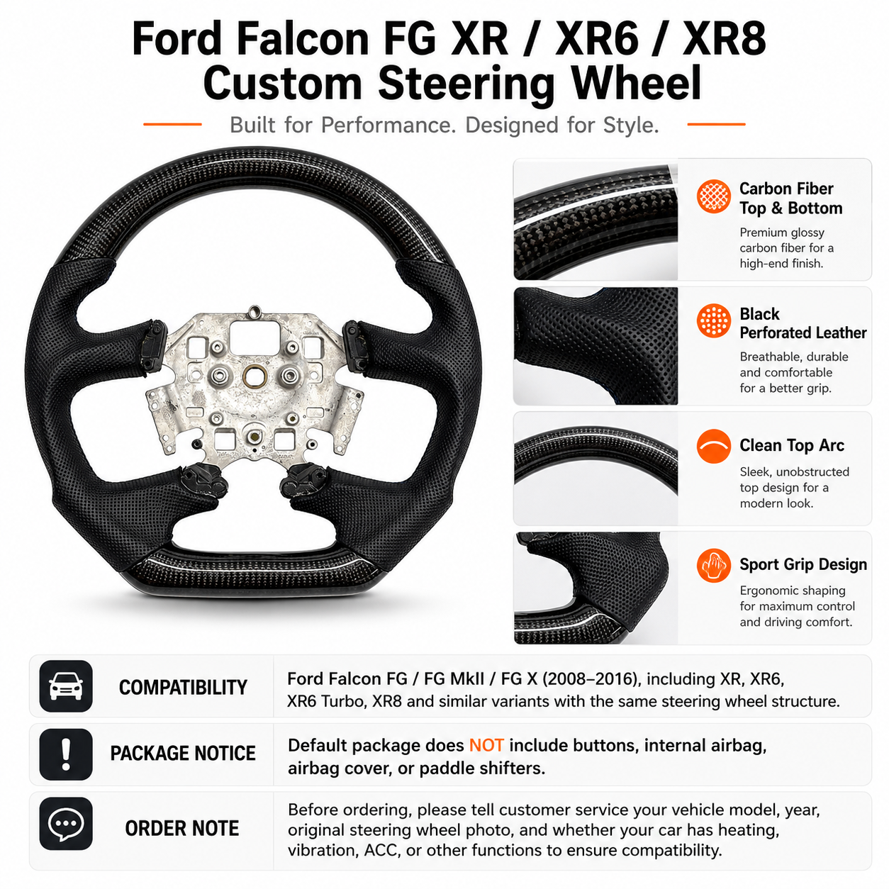 Ford Falcon FG FG X custom steering wheel SEO sheet with gloss carbon fiber and black perforated leather by CJ Mod Garage