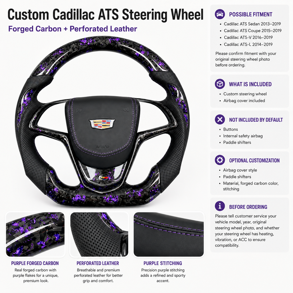 Cadillac ATS forged carbon steering wheel with purple flakes and perforated leather detail sheet by CJ Mod Garage