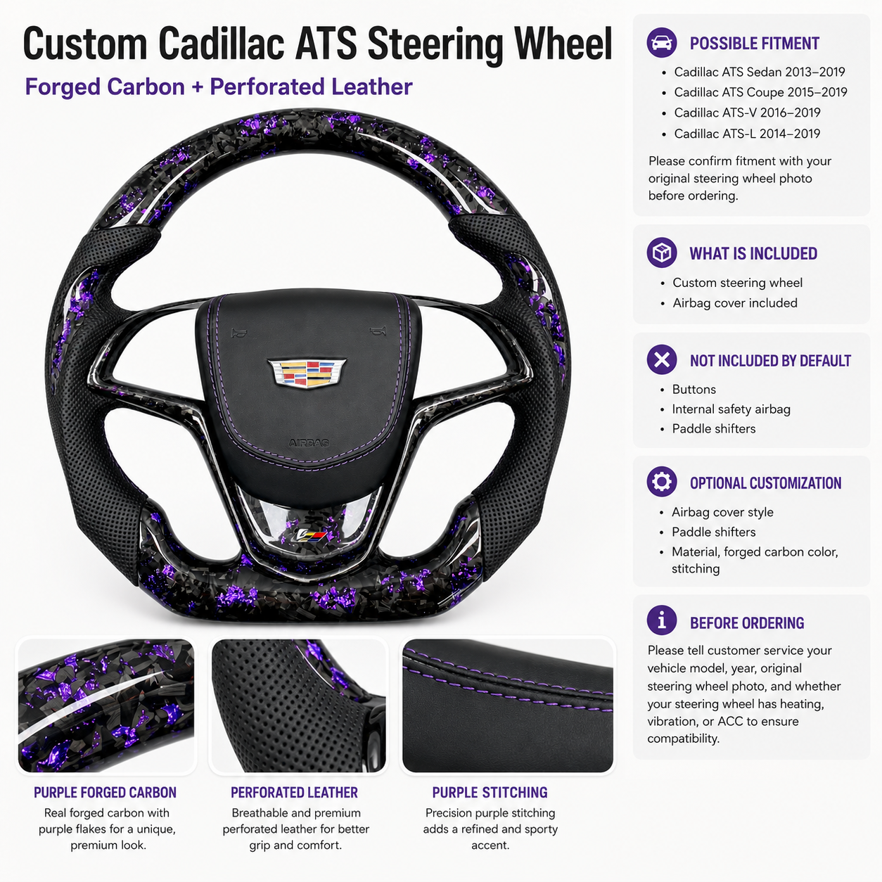 Cadillac ATS forged carbon steering wheel with purple flakes and perforated leather detail sheet by CJ Mod Garage