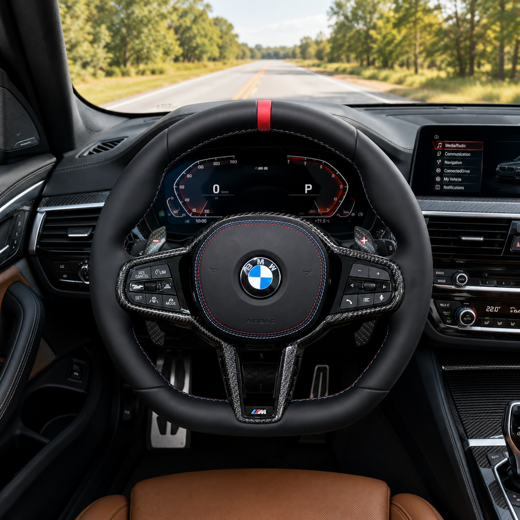 BMW G20 G28 2019-2025 smooth leather carbon fiber steering wheel installed with red center mark by CJ Mod Garage