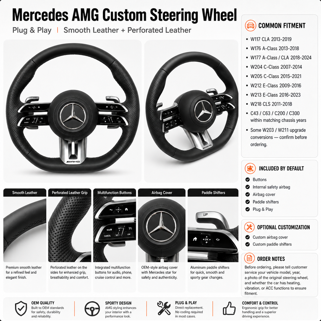 Mercedes AMG C43 C63 C200 C300 2015-2021 smooth leather steering wheel detail sheet by CJ Mod Garage