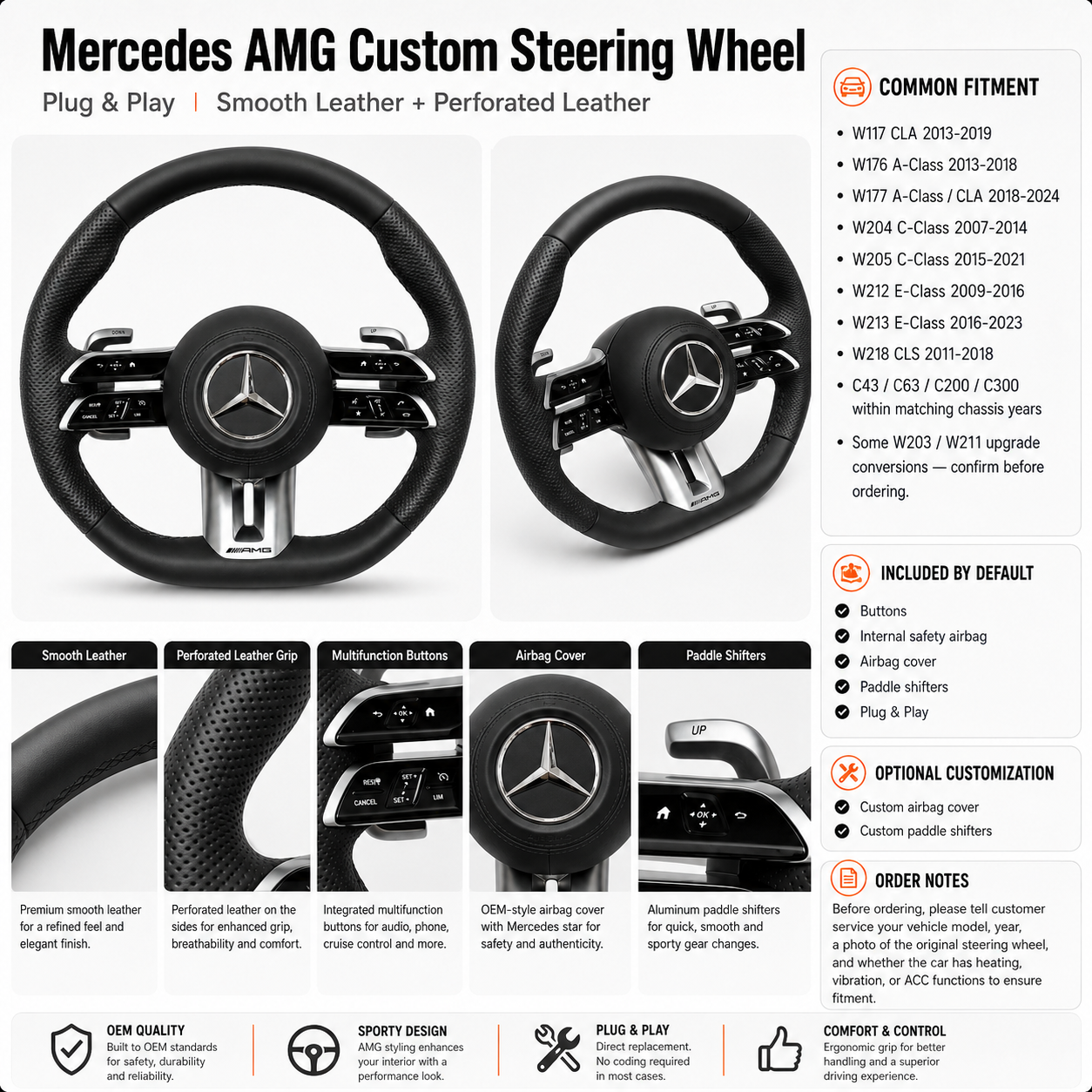 Mercedes AMG C43 C63 C200 C300 2015-2021 smooth leather steering wheel detail sheet by CJ Mod Garage