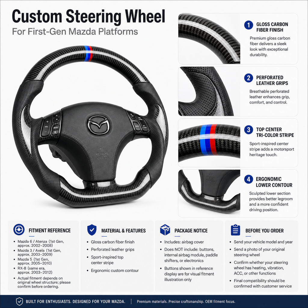 Custom Mazda steering wheel product detail poster showing gloss carbon fiber finish perforated leather grips tri color center stripe fitment notes and ordering information