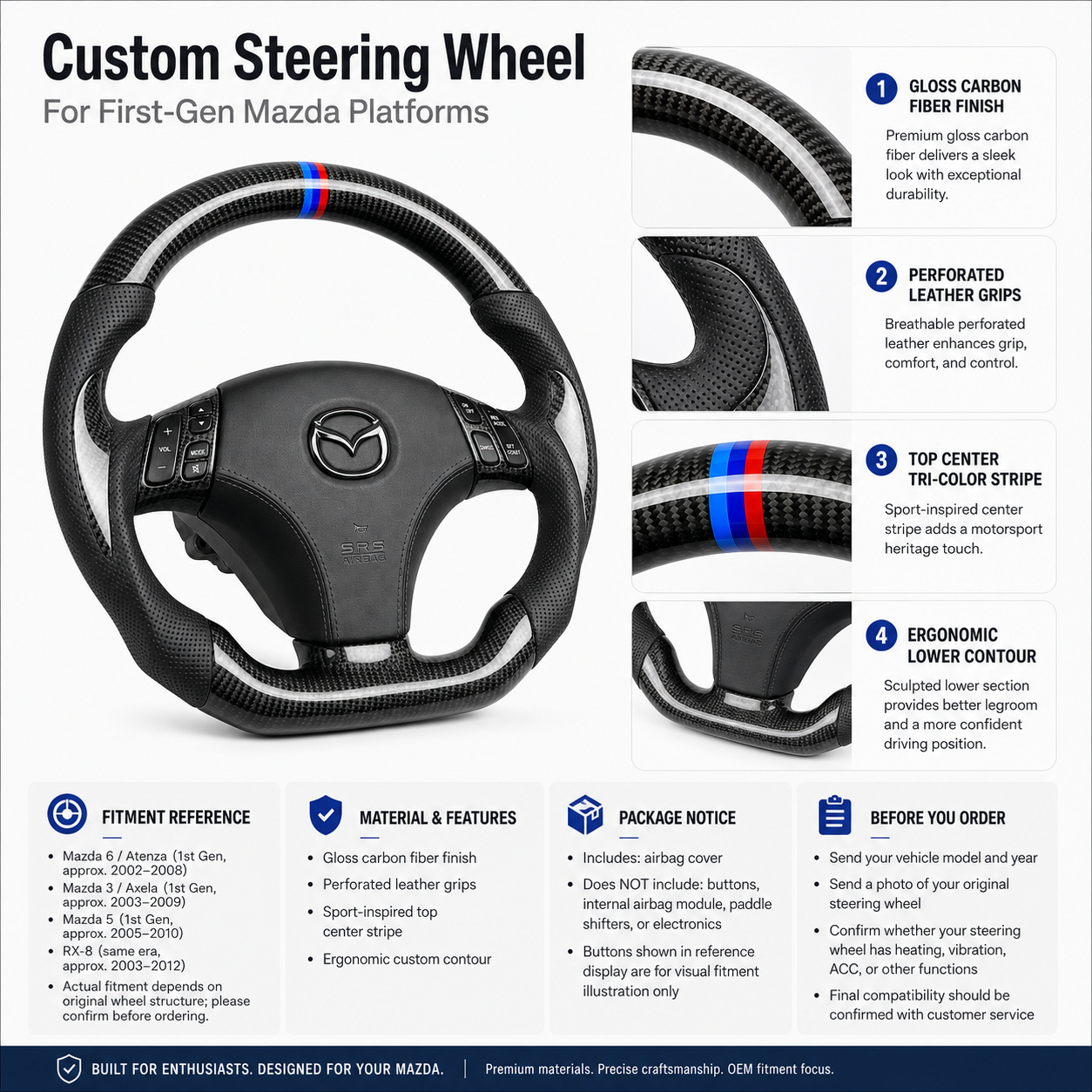Custom Mazda steering wheel product detail poster showing gloss carbon fiber finish perforated leather grips tri color center stripe fitment notes and ordering information