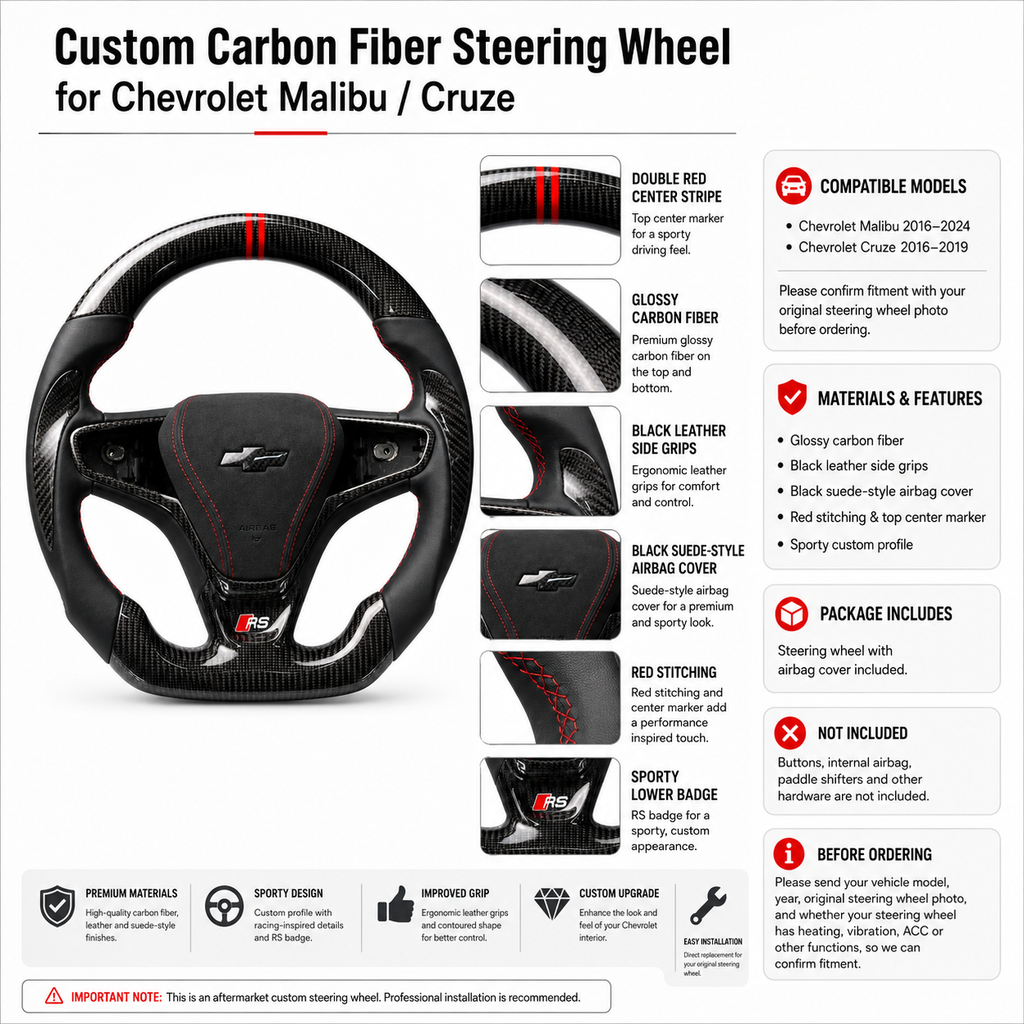 Custom carbon fiber steering wheel for Chevrolet Malibu Cruze with double red center stripe black leather grip suede airbag cover red stitching and RS badge