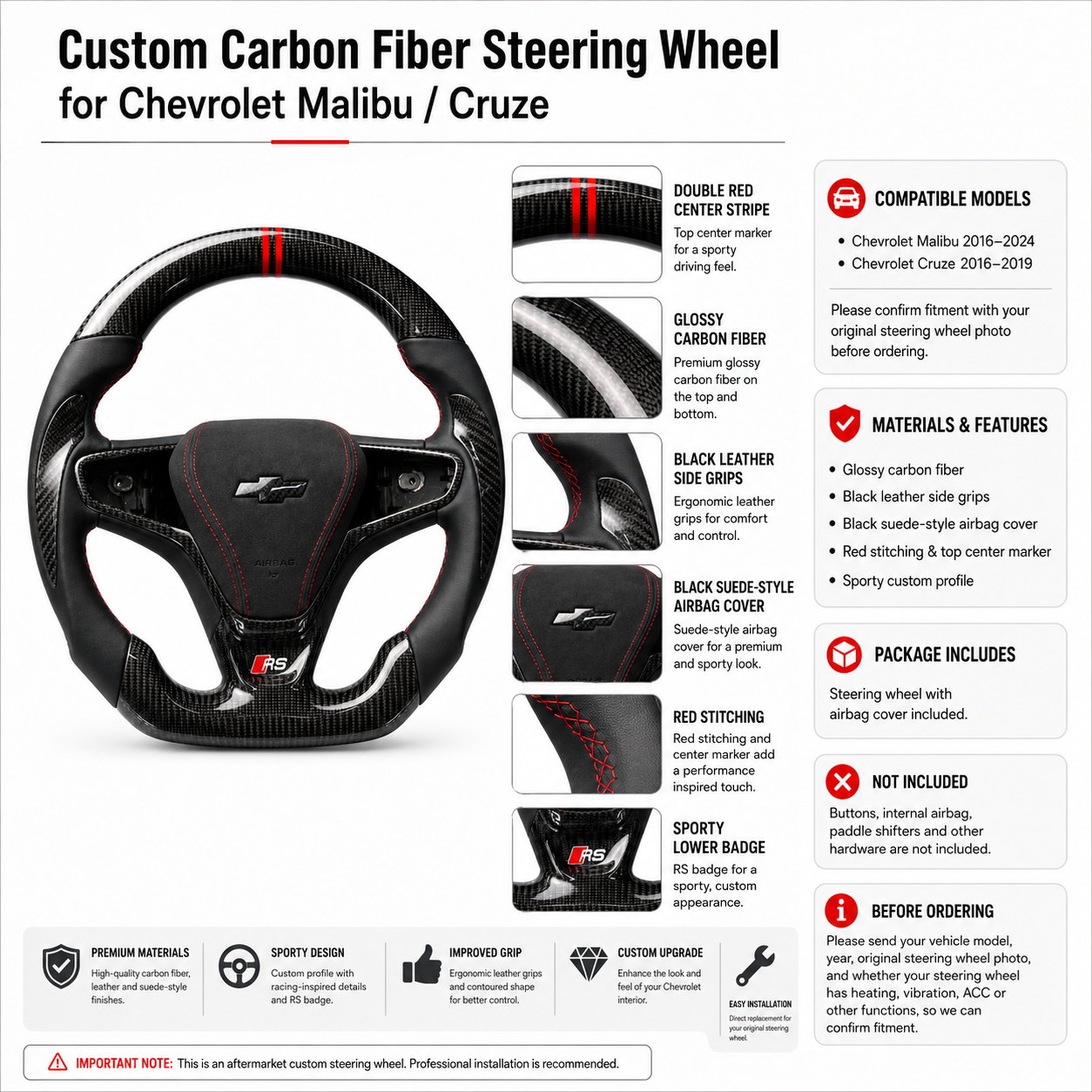 Custom carbon fiber steering wheel for Chevrolet Malibu Cruze with double red center stripe black leather grip suede airbag cover red stitching and RS badge