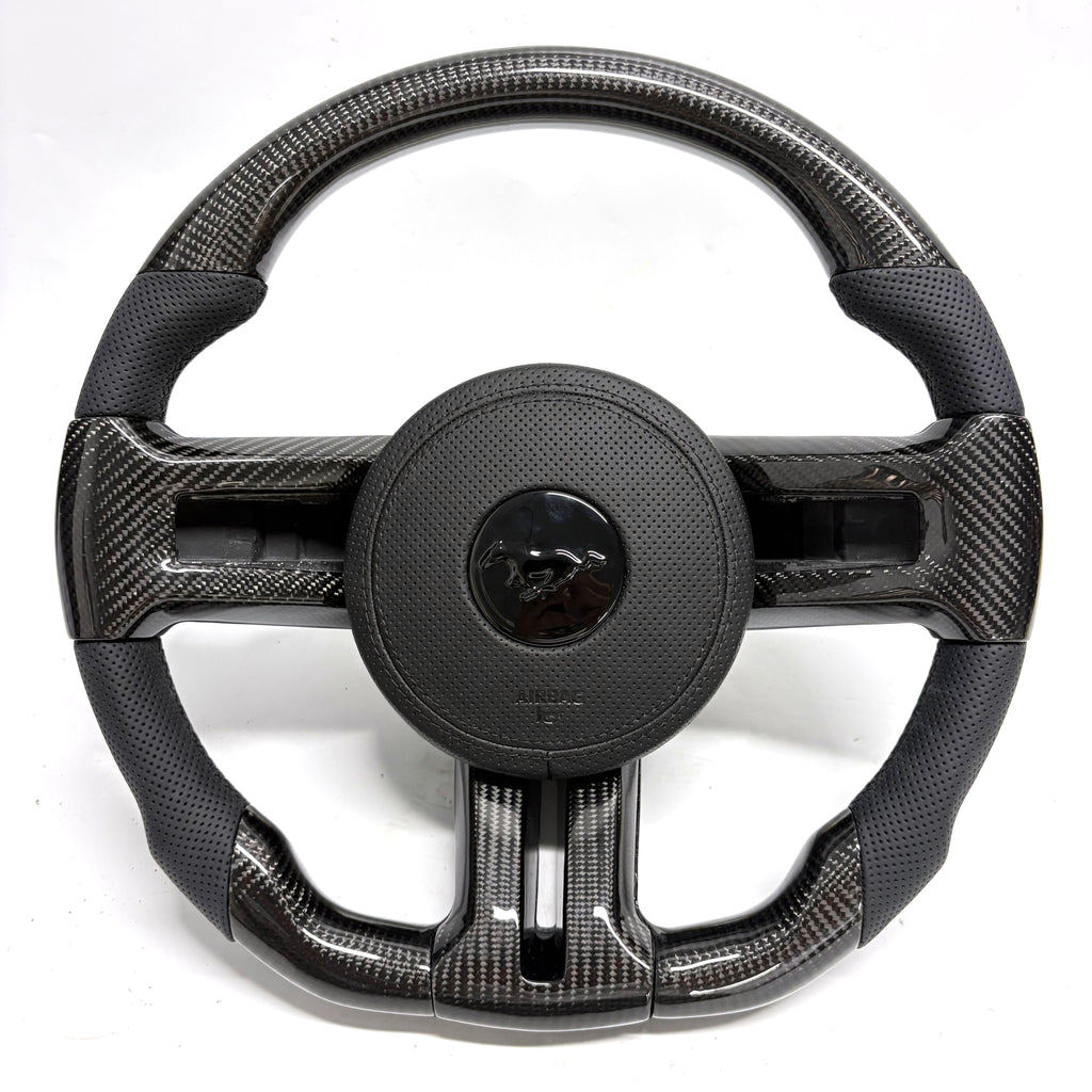 FOR Ford Mustang S197/GT2005-2015 Carbon Fiber Steering Wheel - Black Carbon Fiber & Black Perforated Leather - CJ Mod Garage &