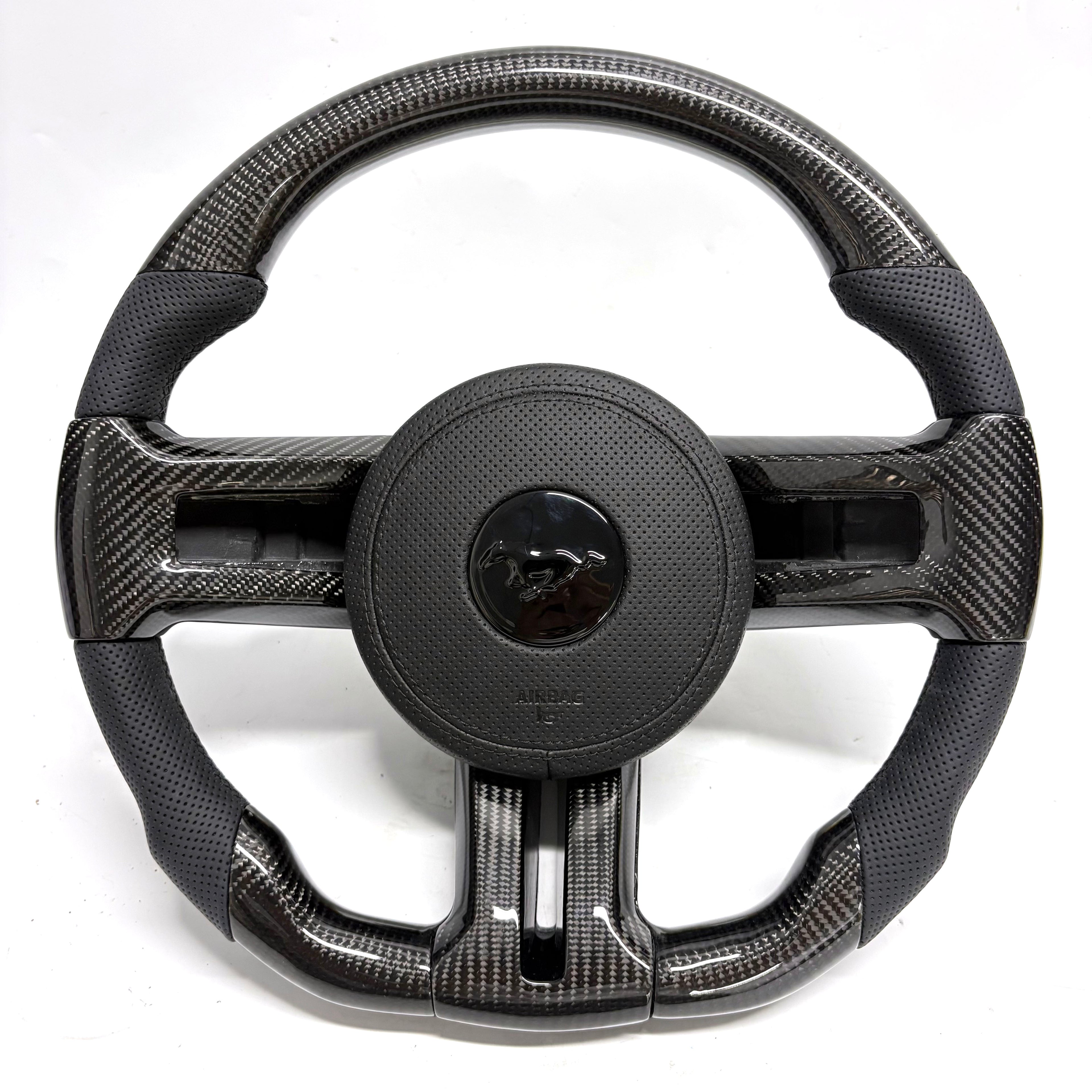 FOR Ford Mustang S197/GT2005-2015 Carbon Fiber Steering Wheel - Black Carbon Fiber & Black Perforated Leather - CJ Mod Garage &