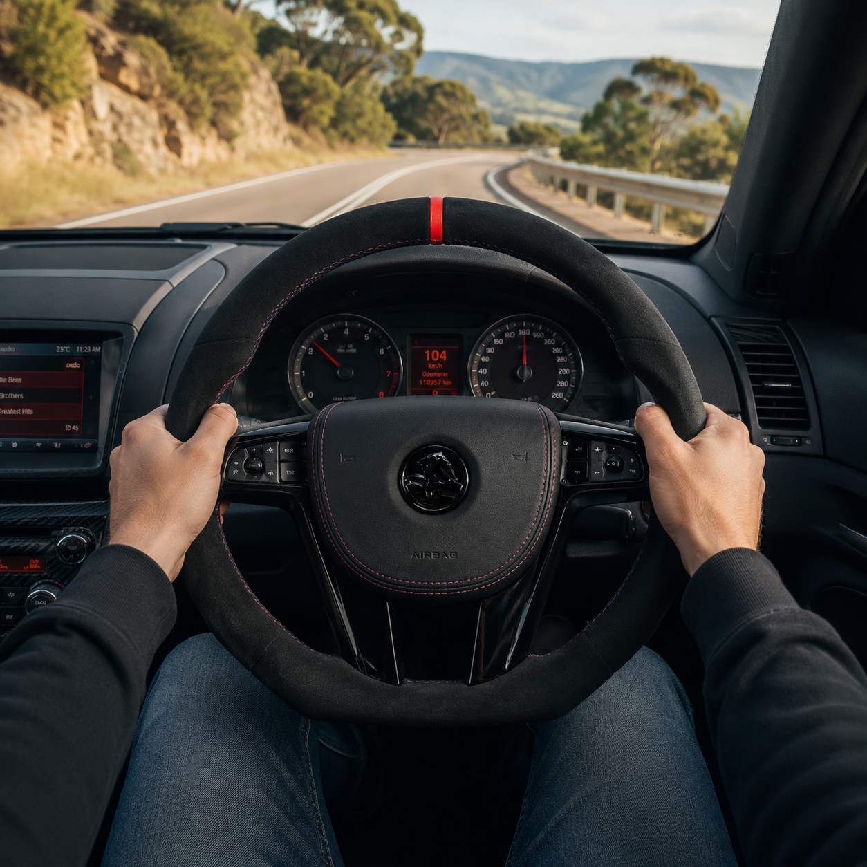 FOR Holden Commodore VE/Pontiac G8 Steering Wheel - Black Alcantara & Red Stripes & Airbag Cover - CJ Mod Garage & Driving Scene Images