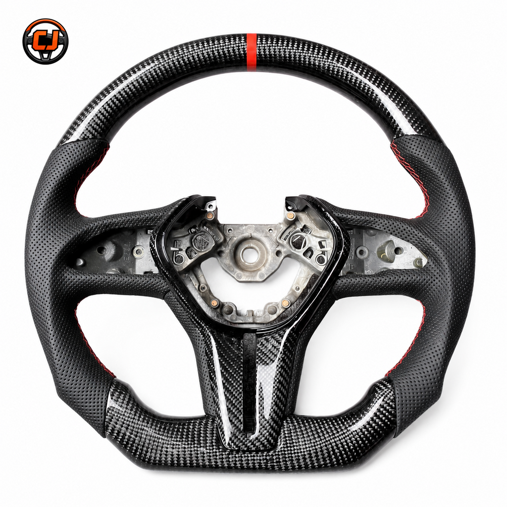 Infiniti Q60 carbon fiber steering wheel frame with perforated leather grips red stitching and red center marker custom build by CJ Mod Garage