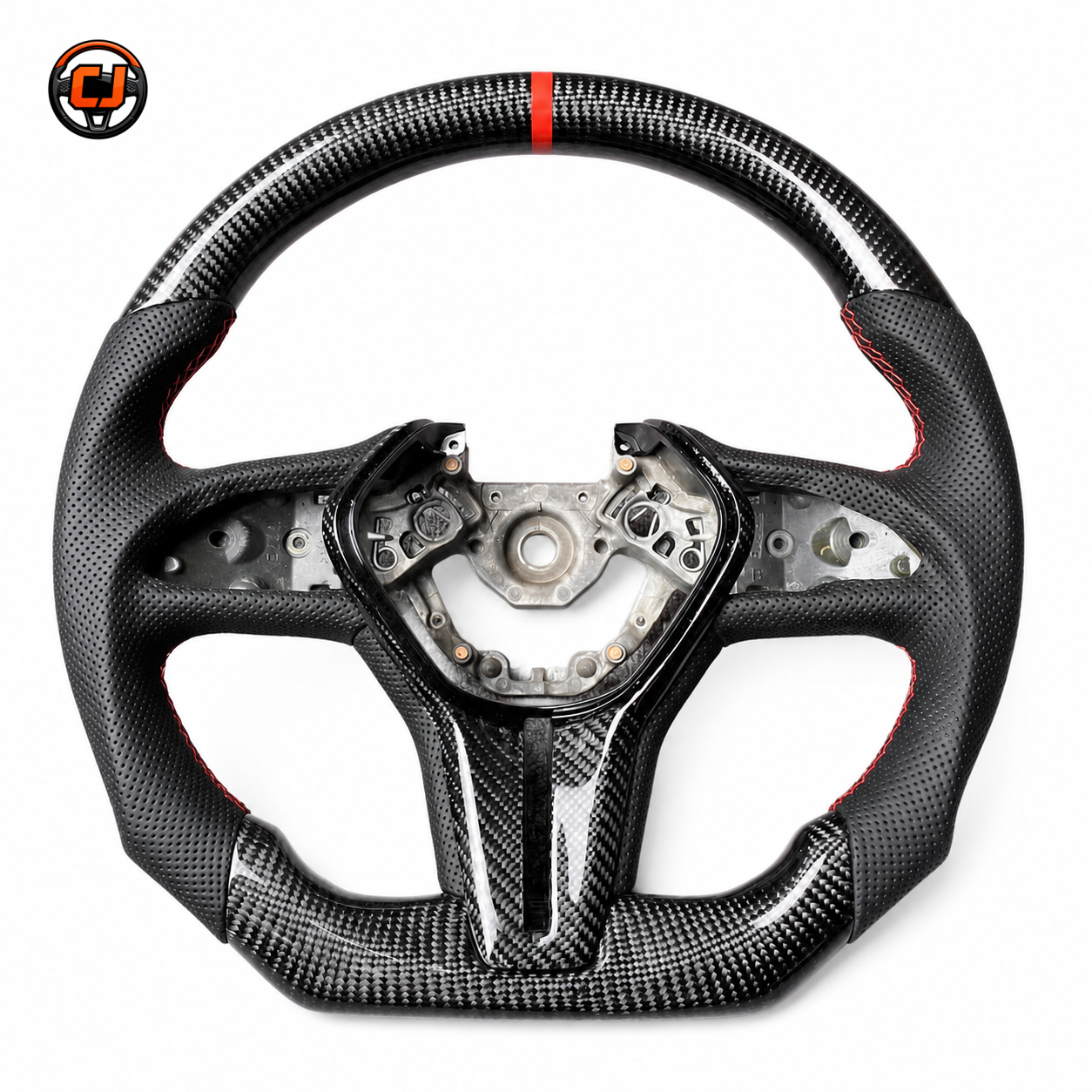Infiniti Q60 carbon fiber steering wheel frame with perforated leather grips red stitching and red center marker custom build by CJ Mod Garage