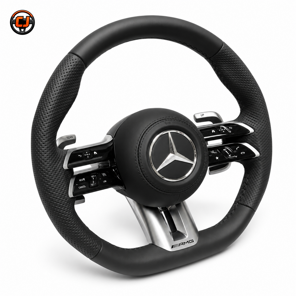 Mercedes W218 CLS 2011-2018 black smooth leather AMG steering wheel angled product display by CJ Mod Garage