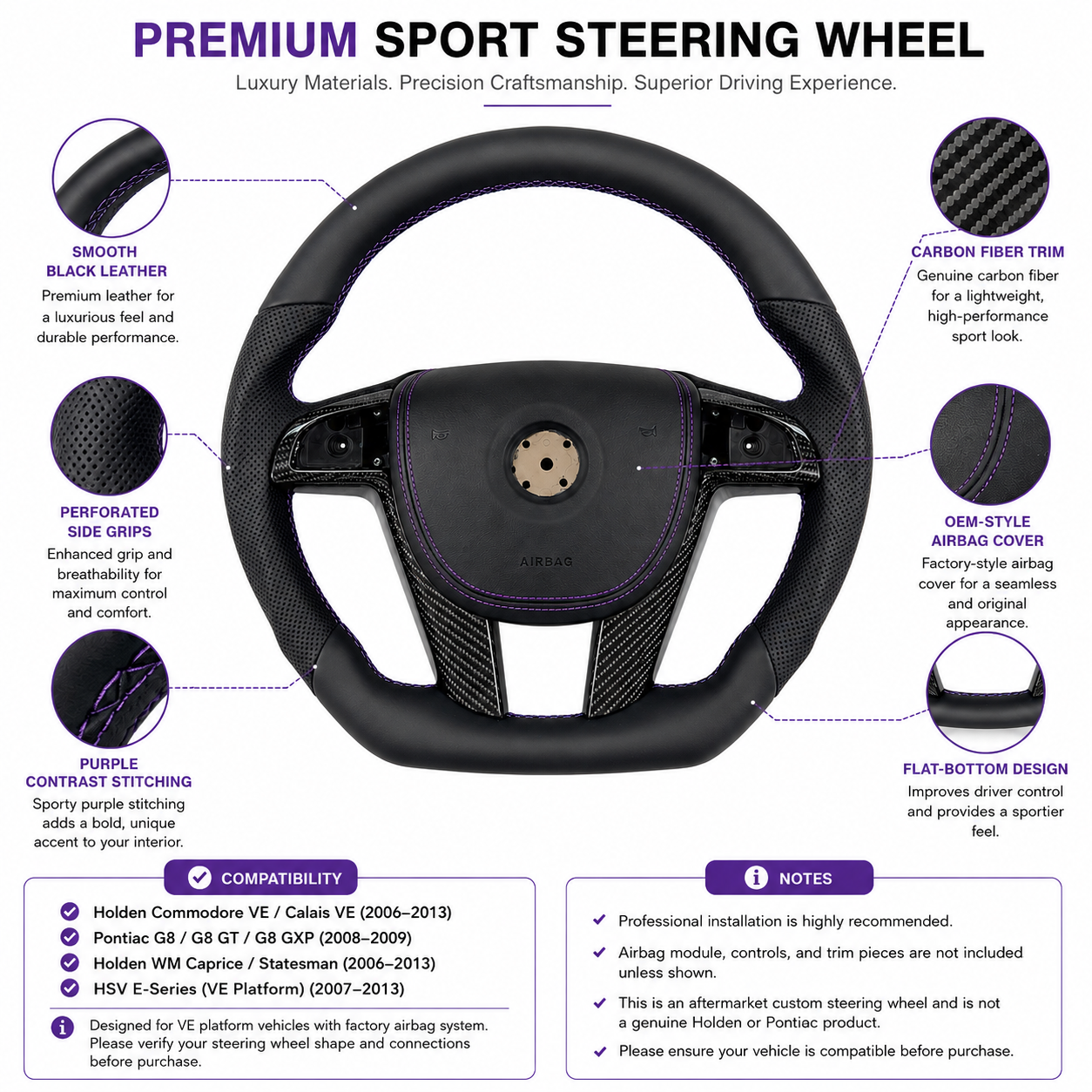 FOR Holden Commodore VE/Pontiac G8 Steering Wheel - Black Smooth Leather & Black Perforated Leather & Airbag Cover - CJ Mod Garage & Product Details Image