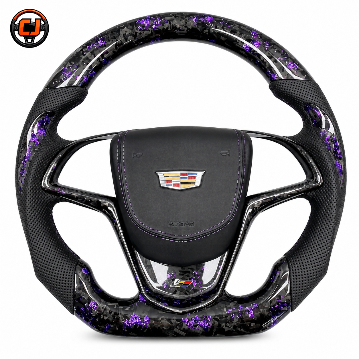 Cadillac ATS purple forged carbon perforated leather custom steering wheel front product view by CJ Mod Garage