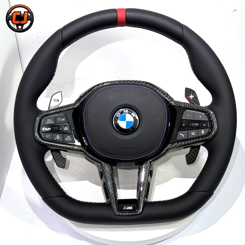 BMW M5 F90 2018-2023 smooth leather carbon fiber steering wheel front product display by CJ Mod Garage