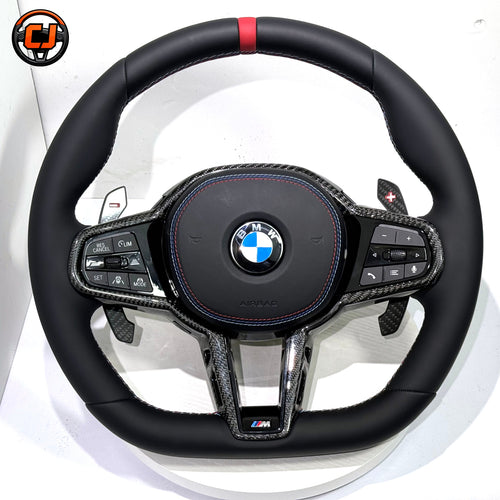 BMW M5 F90 2018-2023 smooth leather carbon fiber steering wheel front product display by CJ Mod Garage