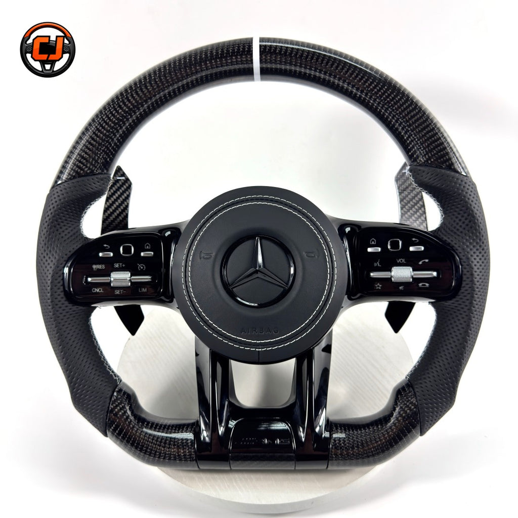 Mercedes AMG performance steering wheel with black leather side grips white accent stitching for W117 W176 W177 W203 W204 W205 W211 W212 W213 CJ Mod Garage