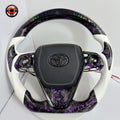 Toyota Avalon RAV4 Highlander compatible forged carbon steering wheel with purple flake finish, white perforated leather and integrated LED shift indicators by CJ Mod Garage
