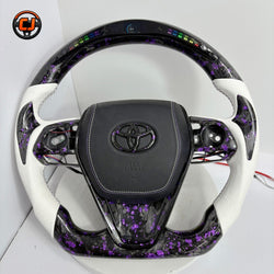 Toyota Avalon RAV4 Highlander compatible forged carbon steering wheel with purple flake finish, white perforated leather and integrated LED shift indicators by CJ Mod Garage