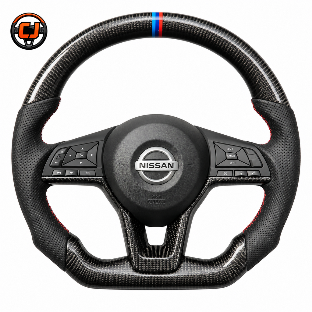 Nissan Sylphy Sentra custom steering wheel crafted from premium carbon fiber with perforated leather grip sections and racing center marker by CJ Mod Garage