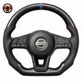 Nissan Sylphy Sentra custom steering wheel crafted from premium carbon fiber with perforated leather grip sections and racing center marker by CJ Mod Garage