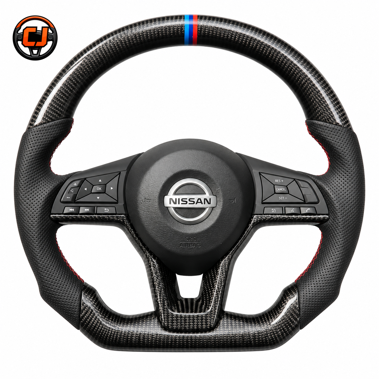 Nissan Sylphy Sentra custom steering wheel crafted from premium carbon fiber with perforated leather grip sections and racing center marker by CJ Mod Garage