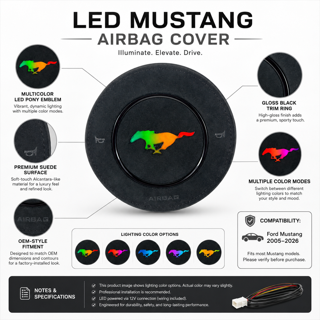 FOR Ford Mustang 2005-2026 LED Airbag Cover Black Alcantara - CJ Mod Garage & Product Details Image