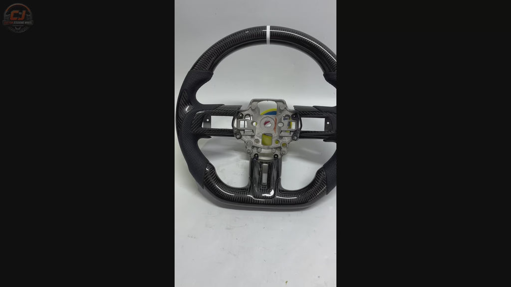 FOR Ford Mustang S550/GT 2015-2023 Carbon Fiber Steering Wheel - Black Carbon Fiber & Black Perforated Leather & White Stripes - CJ Mod Garage & Video Showcase