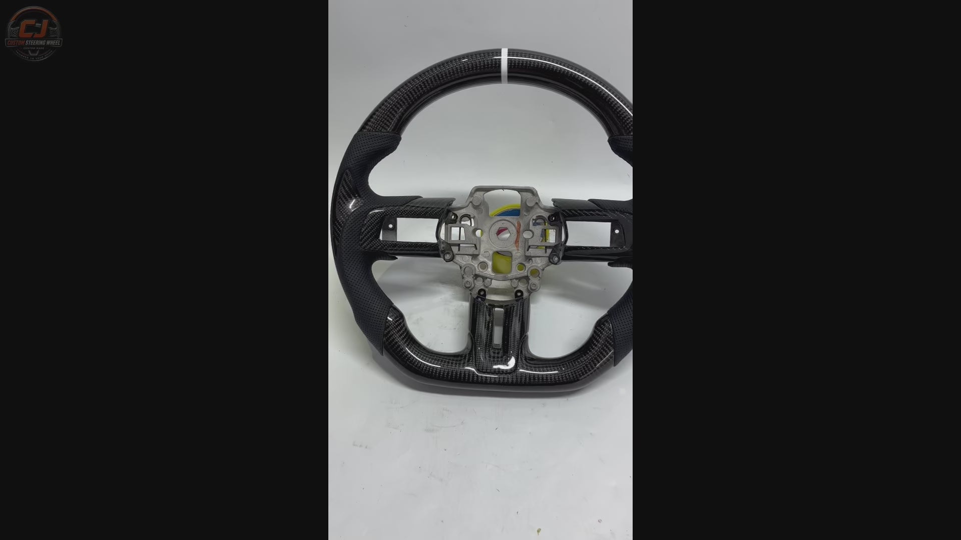 FOR Ford Mustang S550/GT 2015-2023 Carbon Fiber Steering Wheel - Black Carbon Fiber & Black Perforated Leather & White Stripes - CJ Mod Garage & Video Showcase