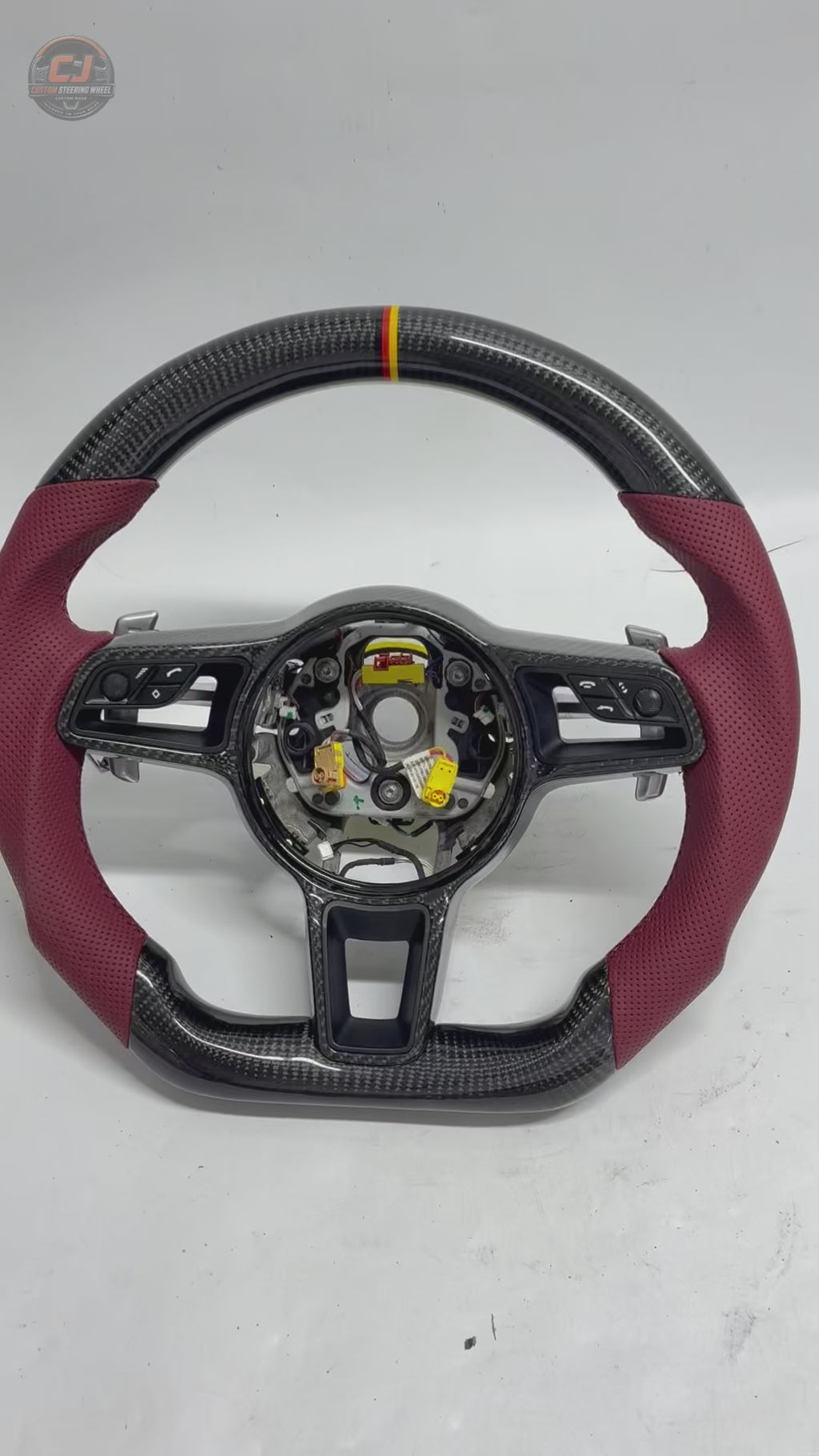 Porsche Carbon Fiber Steering Wheel Video Showcasing Burgundy Leather Grips Yellow Twelve O Clock Stripe Paddle Shifters and Custom Finishes for 911 Carrera 996 997 1998 2012 918 Spyder 2013 2015 CJ Mod Garage