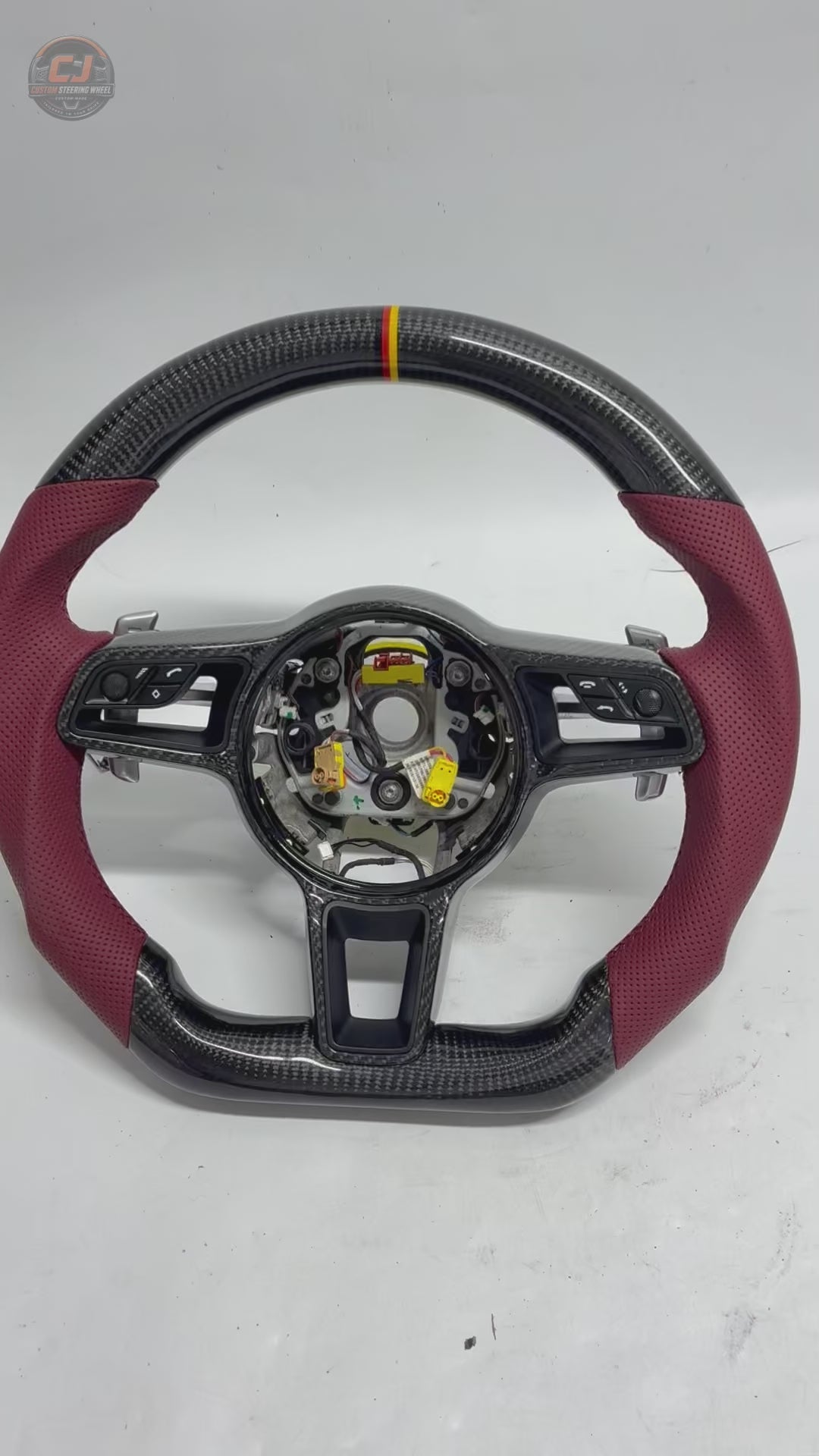 Porsche Carbon Fiber Steering Wheel Video Showcasing Burgundy Leather Grips Yellow Twelve O Clock Stripe Paddle Shifters and Custom Finishes for 911 Carrera 996 997 1998 2012 918 Spyder 2013 2015 CJ Mod Garage