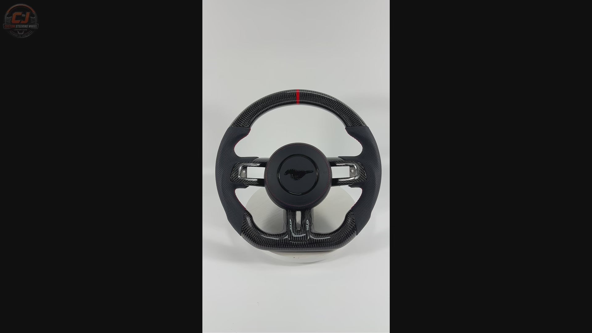 FOR Ford Mustang S550/GT 2015-2023 Carbon Fiber Steering Wheel, Black Carbon Fiber & Black Perforated Leather & Airbag Cover & Red Stripes - CJ Mod Garage & Video Showcase