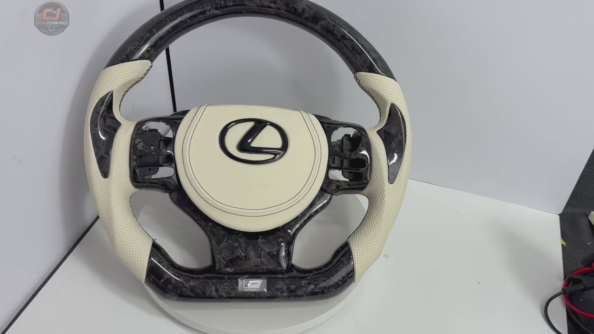 Custom Lexus F Sport Steering Wheel Video Showcasing Forged Carbon Texture White Leather Airbag Cover And Flat Bottom Styling For Lexus IS 2014 2020 RC 2015 2020 GS 2013 2020 NX 2015 2021 CT 2014 2022 CJ Mod Garage