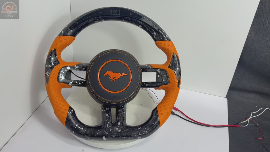 FOR Ford Mustang S550/GT 2015-2023 Carbon Fiber Steering Wheel - Silver Forged Carbon Fiber & Orange Perforated Leather & LED & Airbag Cover - CJ Mod Garage & Video Showcase