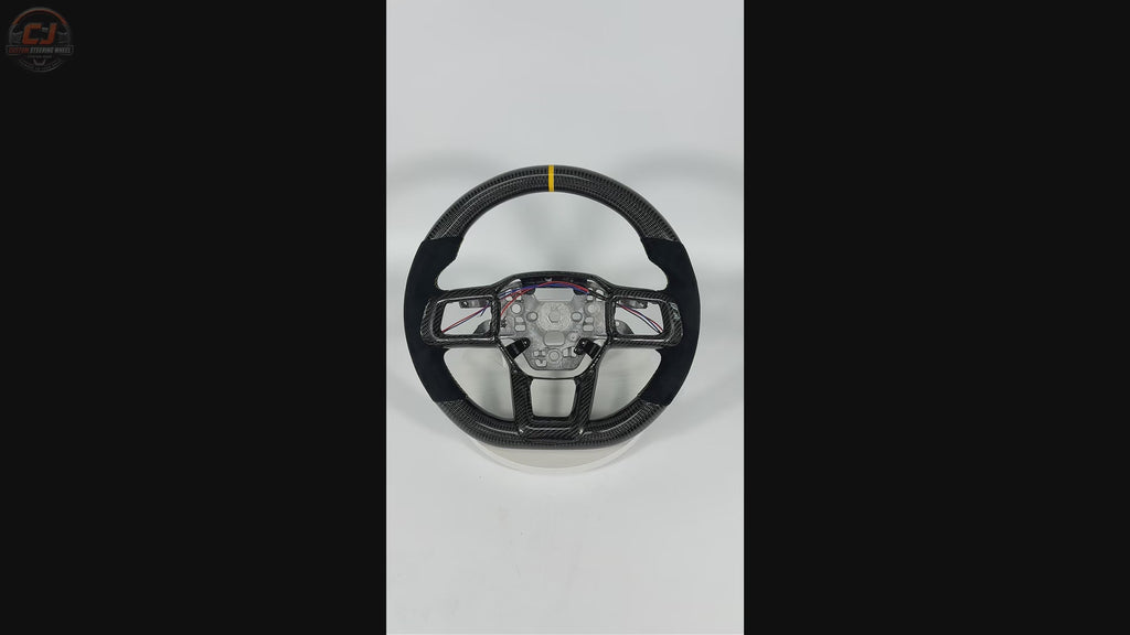 FOR Ford Mustang S650/GT 2024-2026 Carbon Fiber Steering Wheel, Black Carbon Fiber & Black Alcantara & Yellow Stripes - CJ Mod Garage & Video Showcase