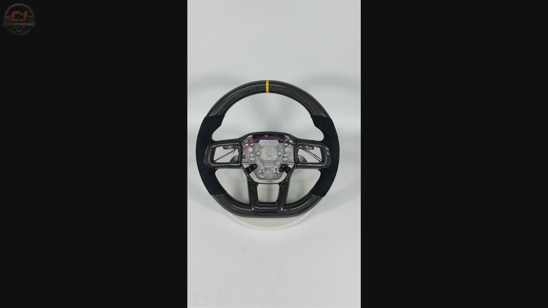FOR Ford Mustang S650/GT 2024-2026 Carbon Fiber Steering Wheel, Black Carbon Fiber & Black Alcantara & Yellow Stripes - CJ Mod Garage & Video Showcase