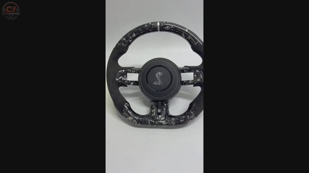 FOR Ford Mustang S550/GT 2015-2023 Carbon Fiber Steering Wheel - Silver Forged Carbon Fiber & Black Alcantara & Shelby Airbag Cover - CJ Mod Garage & Video Showcase