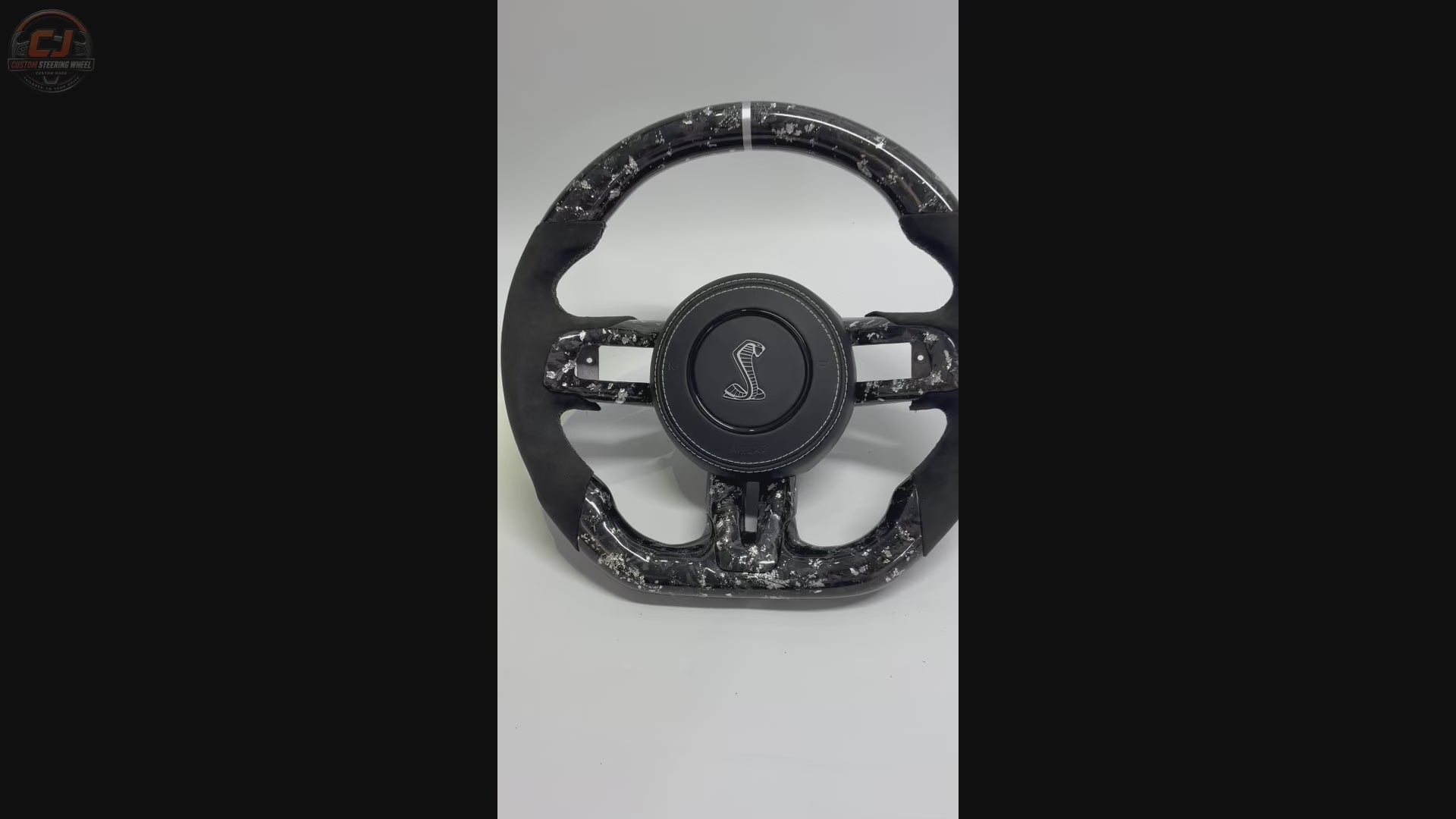 FOR Ford Mustang S550/GT 2015-2023 Carbon Fiber Steering Wheel - Silver Forged Carbon Fiber & Black Alcantara & Shelby Airbag Cover - CJ Mod Garage & Video Showcase