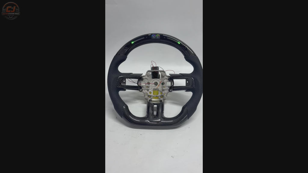 FOR Ford Mustang S550/GT 2015-2023 Carbon Fiber Steering Wheel - Black Carbon Fiber & Black Perforated Leather & LED - CJ Mod Garage & Driving Scene Images & Video Showcase