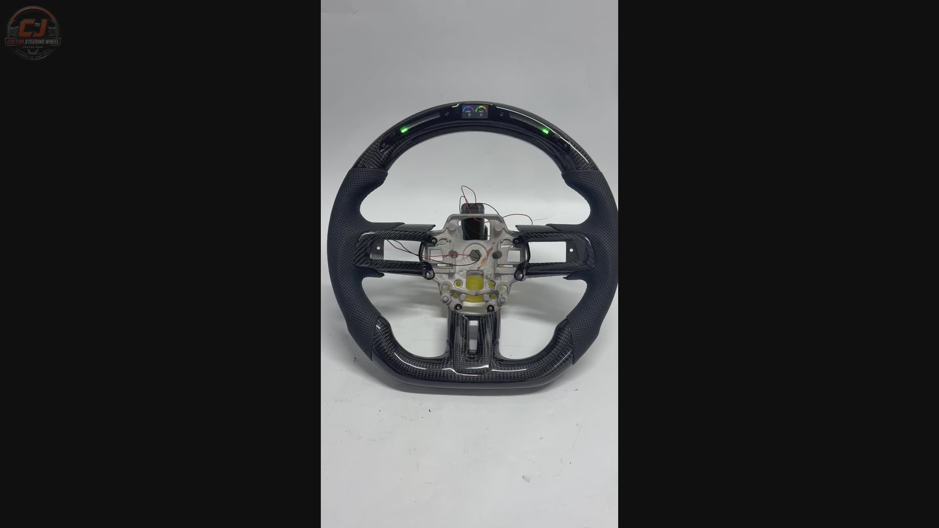 FOR Ford Mustang S550/GT 2015-2023 Carbon Fiber Steering Wheel - Black Carbon Fiber & Black Perforated Leather & LED - CJ Mod Garage & Driving Scene Images & Video Showcase