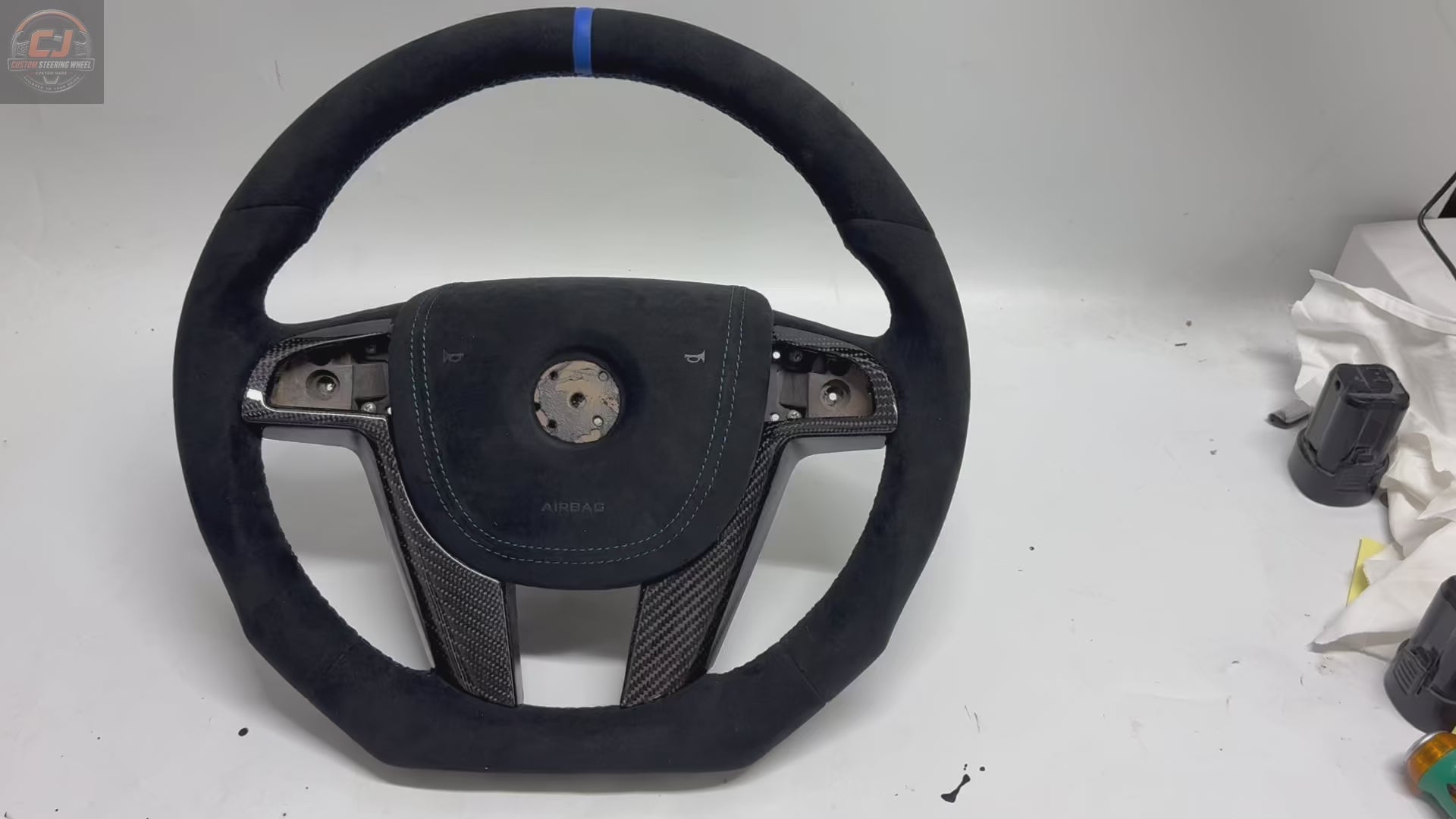 FOR Holden Commodore VE/Pontiac G8 Steering Wheel - Black Alcantara & Blue Stripe at 12 o'clock & Alcantara Airbag Cover - CJ Mod Garage & Video Showcase