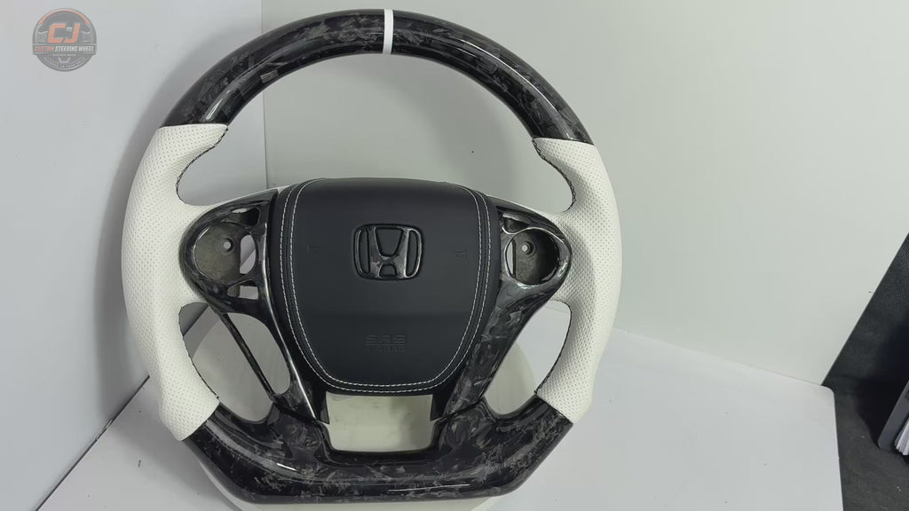 Honda Civic Accord custom forged carbon fiber steering wheel rotating on white background with white perforated leather grips and OEM style airbag cover by CJ Mod Garage