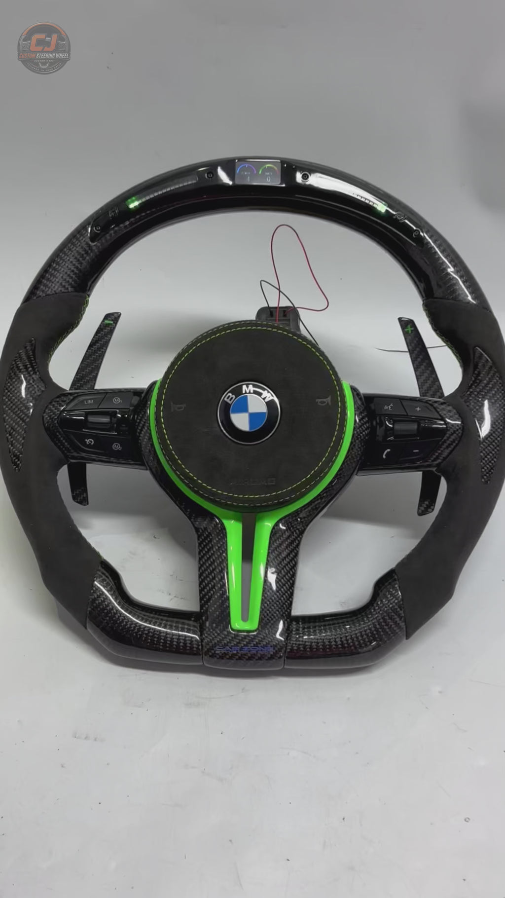 BMW F Series E90 E92 E93 LED carbon fiber steering wheel with green center stripe and Alcantara side grips