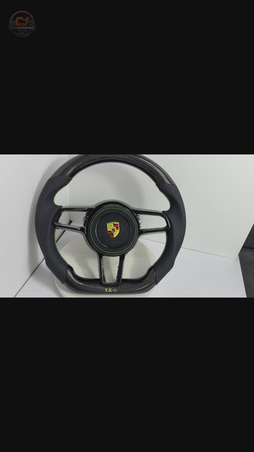Porsche Custom Carbon Fiber Steering Wheel Showcase with Green Stitching Airbag Cover and Paddle Shifters for Panamera 970 971 Macan 95B Cayenne 958 Taycan Cayman Boxster 987 981 CJ Mod Garage