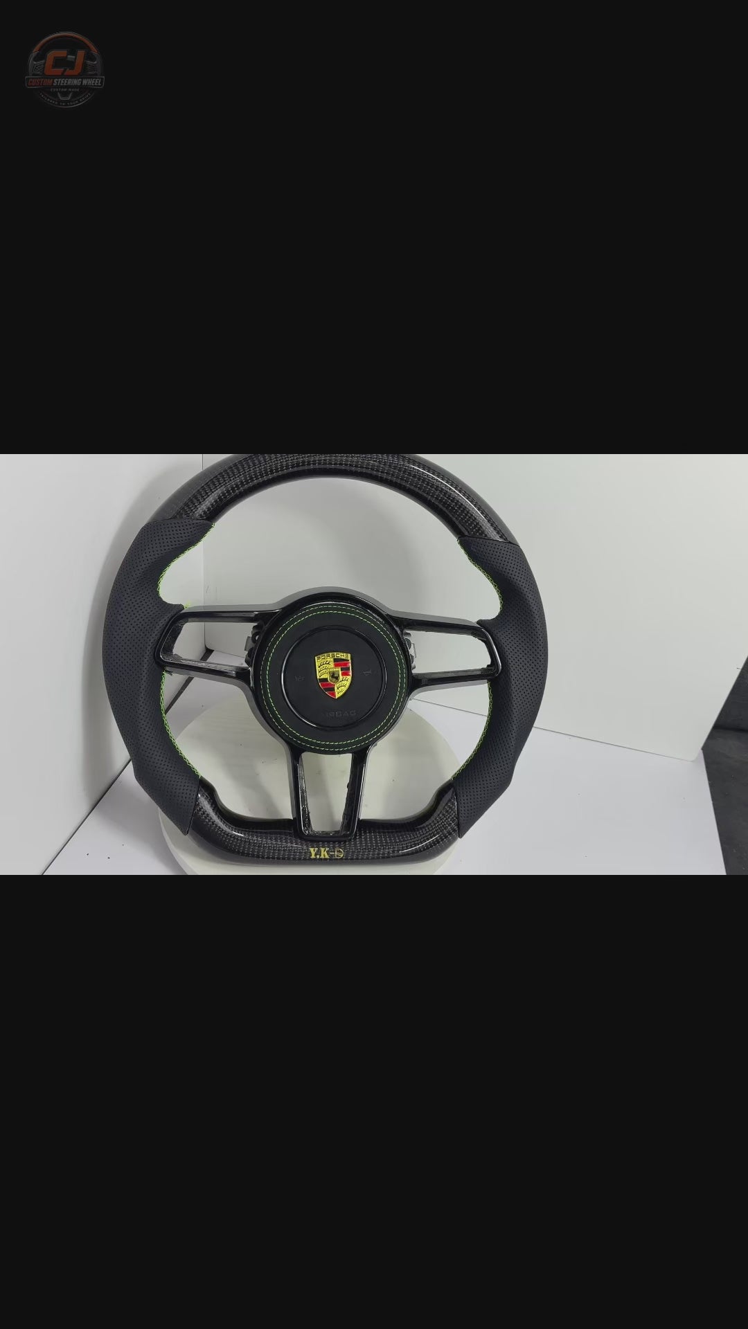 Porsche Custom Carbon Fiber Steering Wheel Showcase with Green Stitching Airbag Cover and Paddle Shifters for Panamera 970 971 Macan 95B Cayenne 958 Taycan Cayman Boxster 987 981 CJ Mod Garage